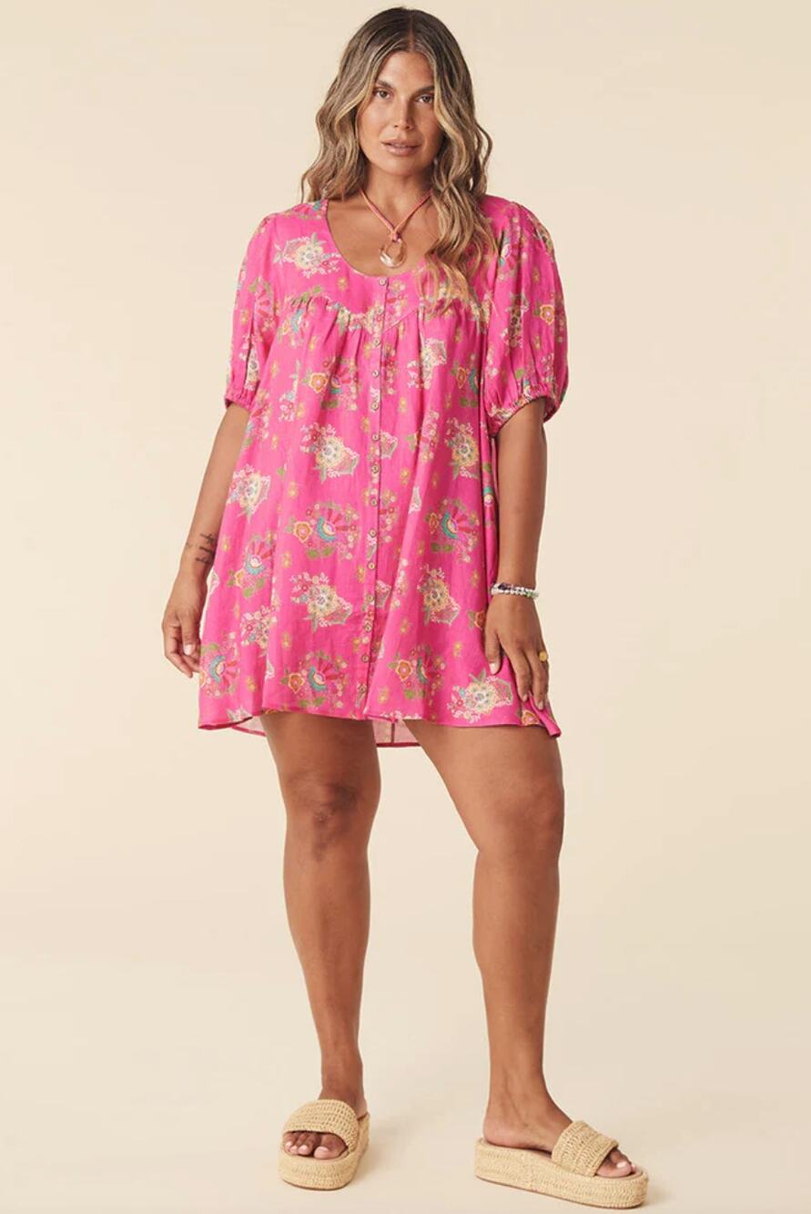NWT Spell Designs Solstice Linen Floral Puff Sleeve Tunic Dress Rose Women's XL